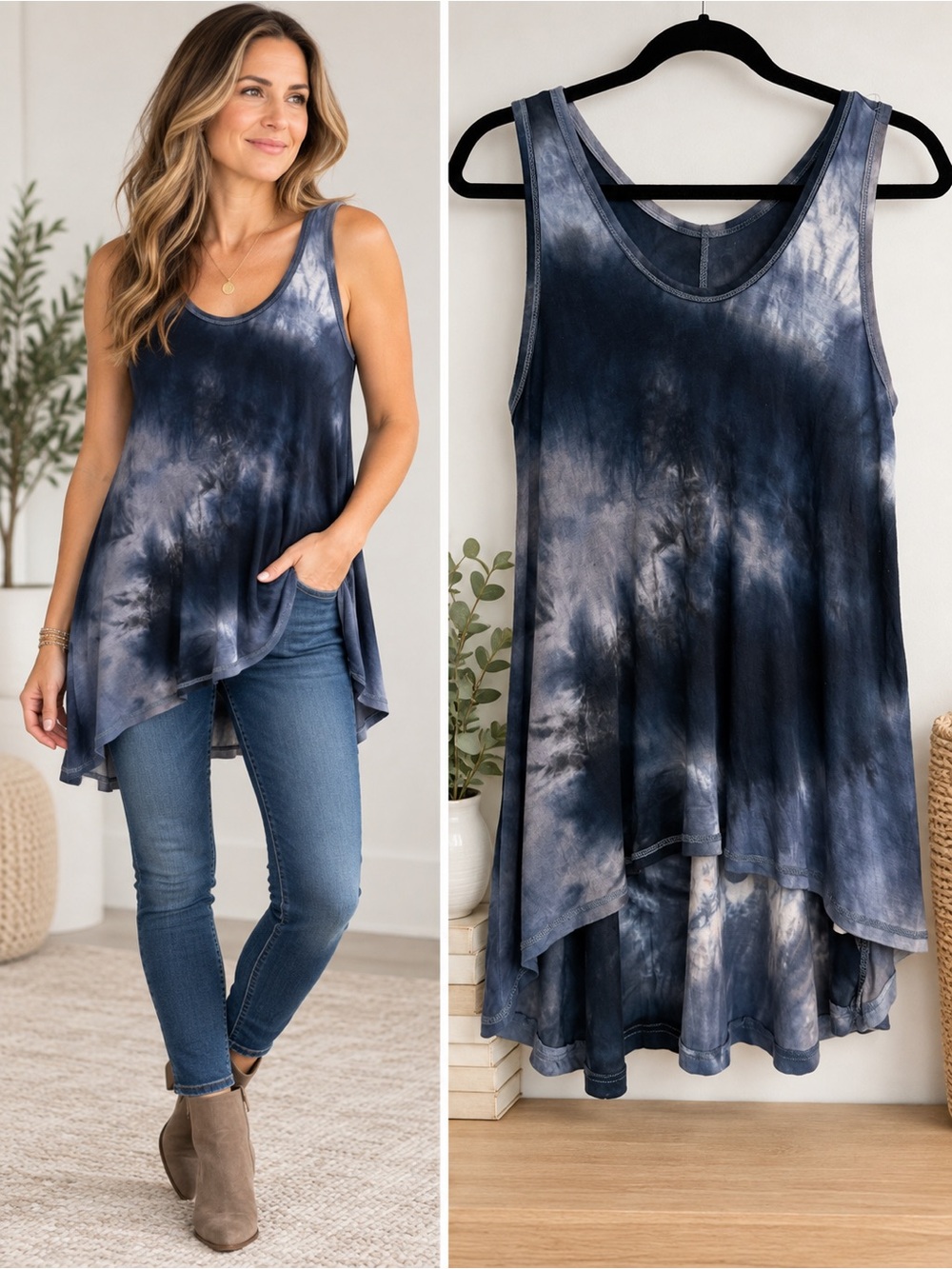 Ginger G Tie Dye Swing Tank Top Blue Grey Size L Made in USA
